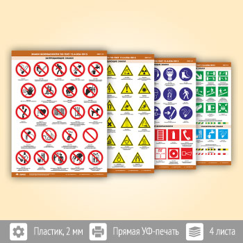 Плакаты «Знаки безопасности по ГОСТ 12.4.026-2015» (М-21, пластик 2 мм, А2, 4 листа)